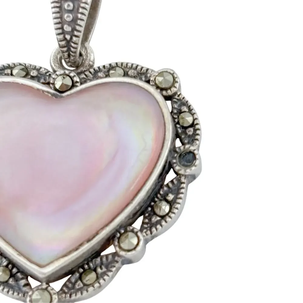 Vintage Sterling Silver 925 Mother of Pearl Marcasite Heart Pendant